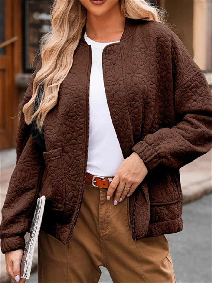 Women's Autumn Trendy Solid Color Texture Polo Collar Long Sleeve Coats