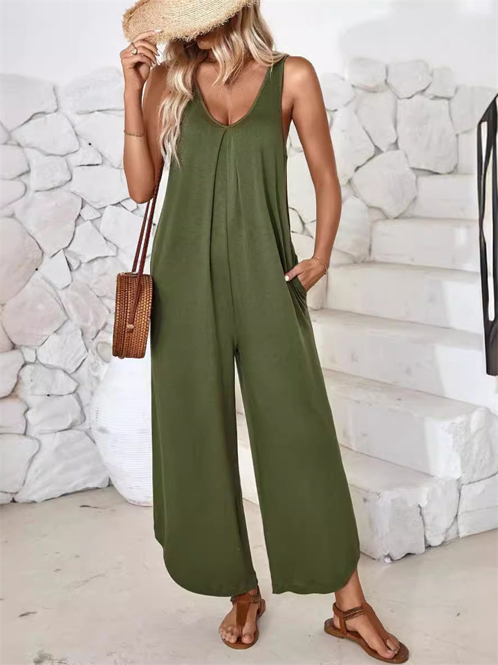 Women's Summer Casual Solid Color V Neck Overall Jumpsuits