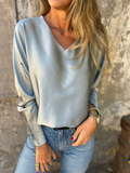 Ladies' Elegant Solid Color V Neck Satin Long Sleeve Blouses