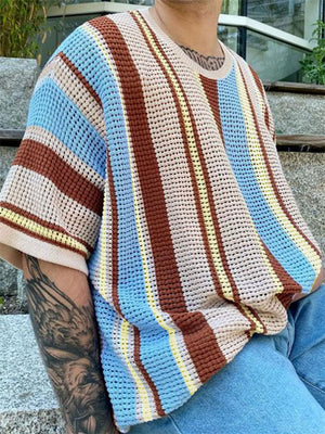 Male's Summer Contrast Color Striped Round Neck Knitted Shirts