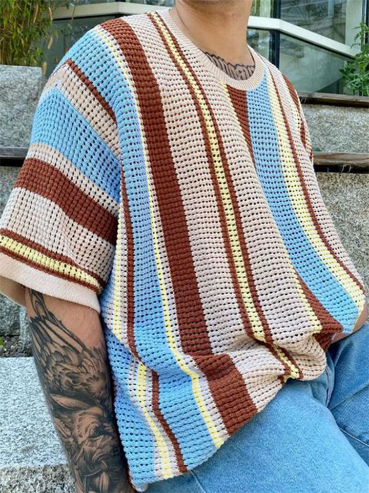 Male's Summer Contrast Color Striped Round Neck Knitted Shirts