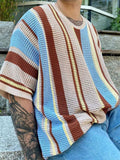 Male's Summer Contrast Color Striped Round Neck Knitted Shirts
