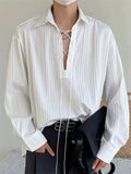 Men's Trendy Solid Color Pleated Lace Up Collar Long Sleeve Shirt