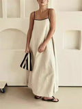 Ladies Contrast Color Lace-Up Spaghetti Strap Summer Dress