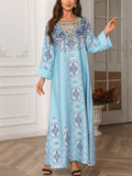 Women's Blue Elegant Printed Beads Round Neck Muslim Robe Dress