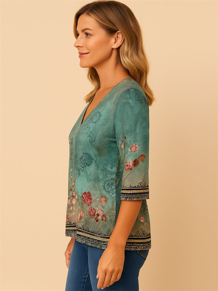 Women's Summer Boho Ethnic Style Floral Printed V-Neck Shirt