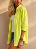 Women Oversized Lime Green Striped Button Down Long Shirt