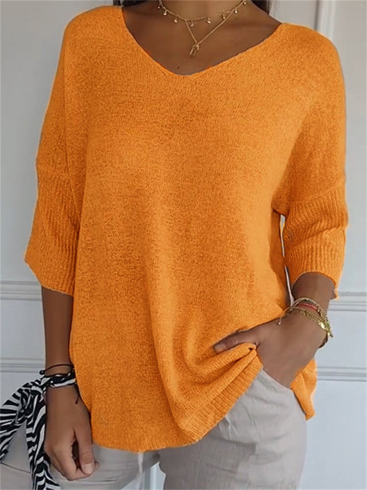 Casual Solid Color V-Neck 3/4 Sleeve Sweater for Women