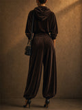 Women's 2 Piece Chic Coffee Velvet Hooded Top and Wide Leg Cuffed Pants Set