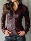 ‌Women's Vantage Burgundy Faux Leather Button Up Blouse with Pockets‌