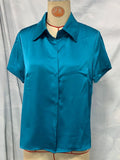 Women's Elegant Satin Blue Solid Color V Neck Lapel Short Sleeve Blouses