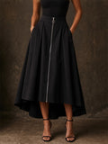 Women High Low Pleated Zipper Front Pockets Midi Skirts
