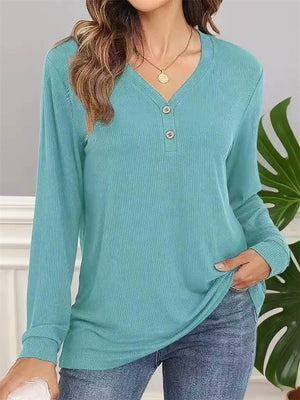 Women's Autumn V Neck Buttons Pullover Casual Long Sleeve Shirts