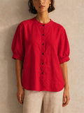 Women Linen Blend Puff Sleeve Button Down Summer Blouse