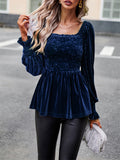 Ladies Puff Long Sleeve Square-neck Velvet Shirt