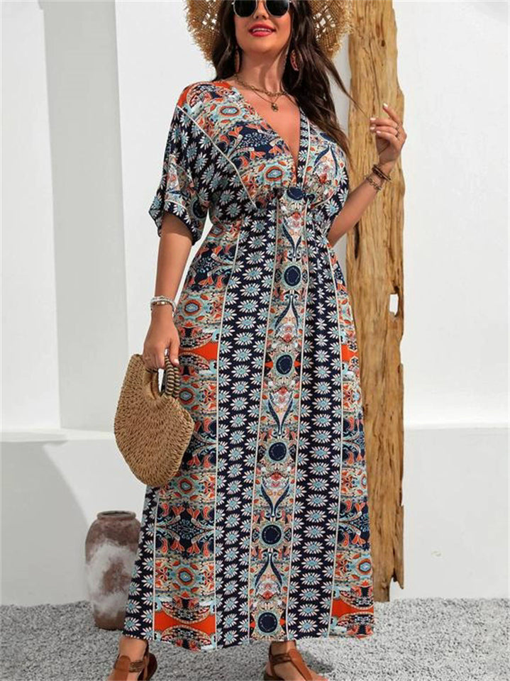Bohemian Ethnic Style Print V-Neck Ruched Waist Maxi Dress for Women