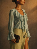Women's Grunge Style Lace Up Ruffle Flare Sleeve V-Neck Blouses