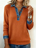 Orange Denim Collar Button Contrasting Knitted Sweater for Women