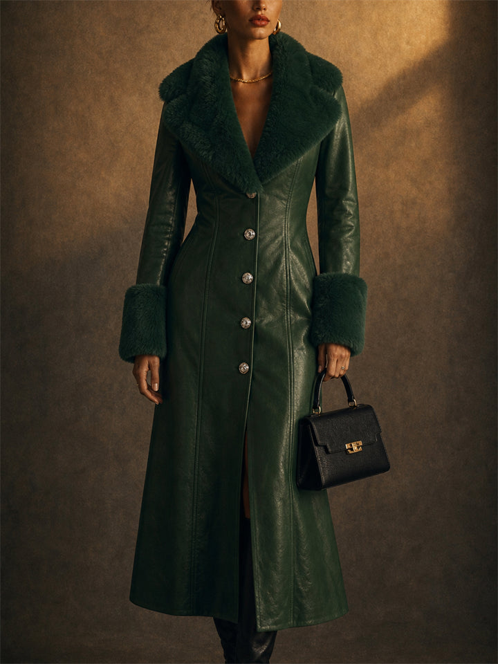Women Vintage Faux Leather Maxi Trench Coat with Faux Fur Trim