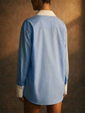 Women Light Blue Contrast Collar Oversized Button Down Shirt
