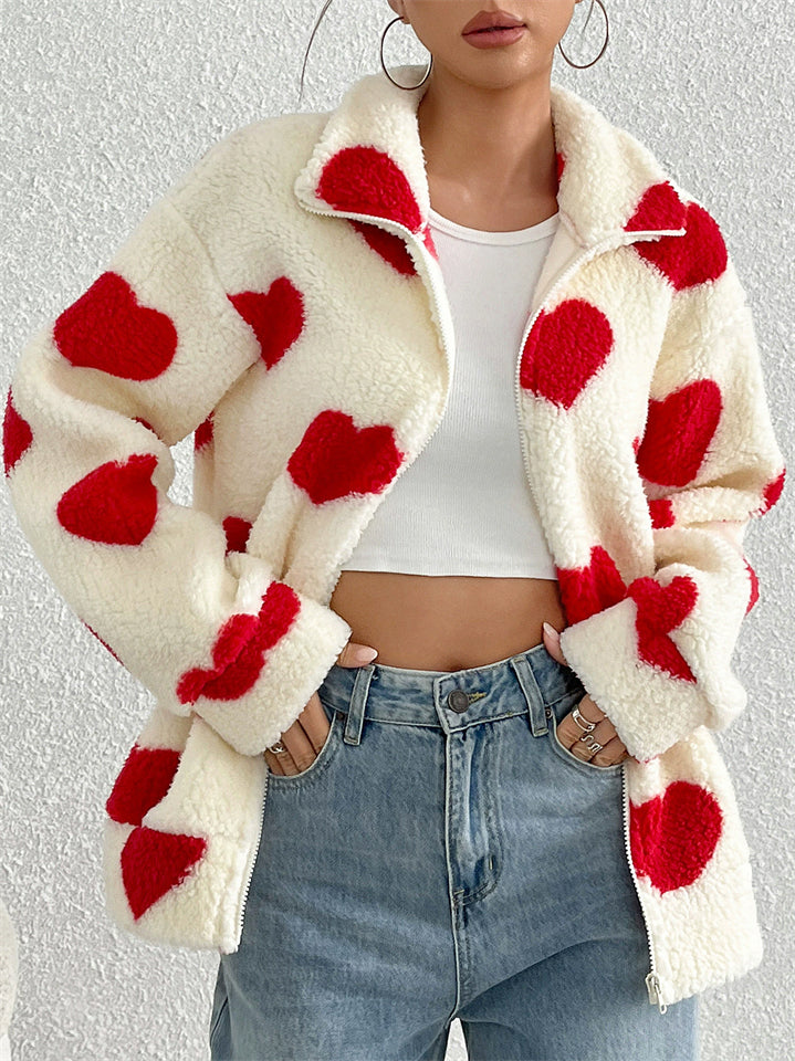 Women's Autumn Fleece Cute Heart Shape Pattern Zip Up Coats