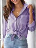 Women's Long Sleeve Lapel Stripe Casual Blouse