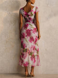 Womens Floral Ruched Mesh Cap Sleeve Elegant Midi Dress