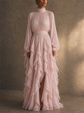 Womens Boho Chiffon Ruffle High Neck Long Sleeve Maxi Dress