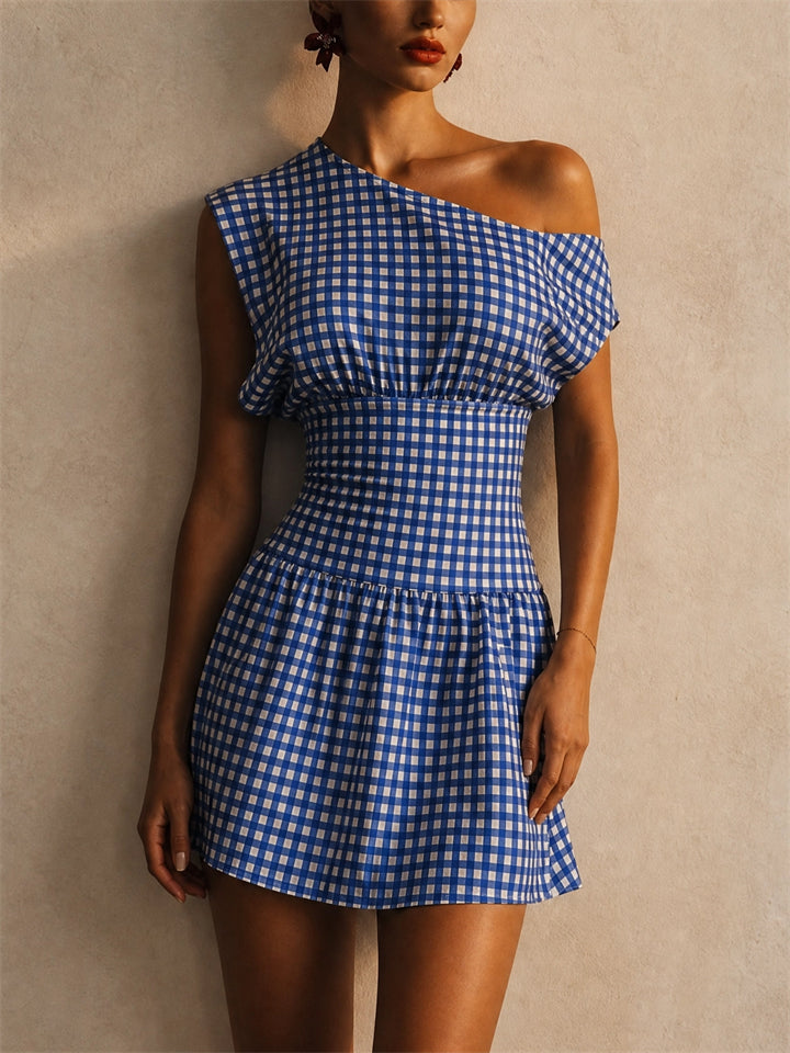 Women Blue Gingham One Shoulder Mini High Waist Summer Dress