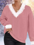 ‌Women's  V Neck Pullover Faux Fur Trim Sweater‌s