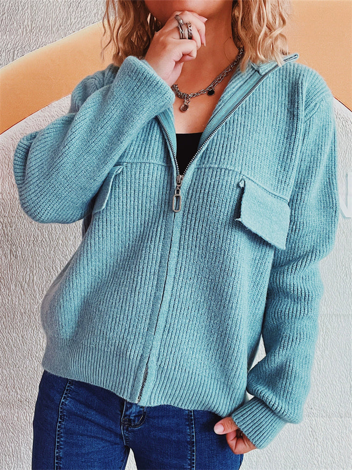 Women's Solid Color Zip Up High Neck Faux Pockets Cardigan Sweater
