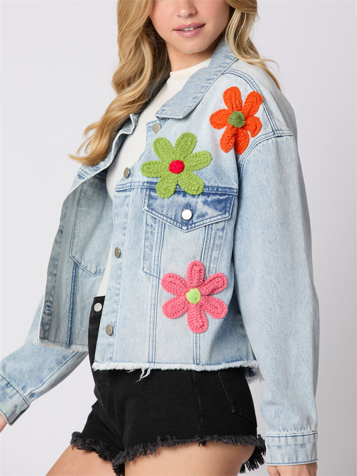 Women's 3D Patchwork Long Sleeve Waist Length Denim Coat