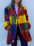 Women's Autumn Contrast Color Plaid Lapel Single Breasted Coats