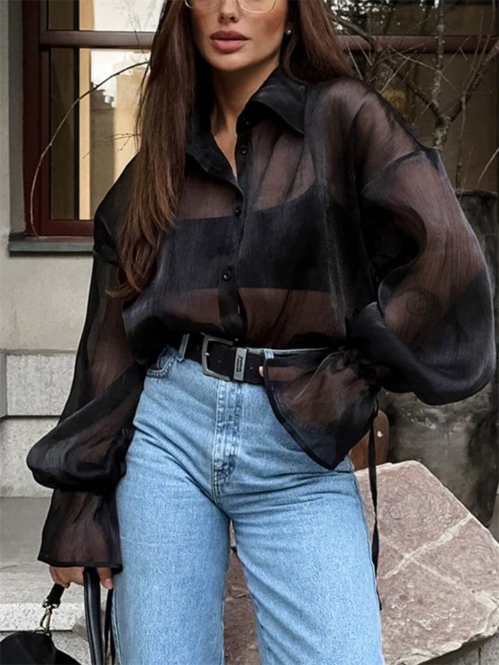 French Style Black Mesh Long Sleeve Blouses for Women