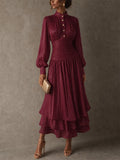 Women High Neck Long Sleeve Ruched Tiered Metallic Maxi Dress