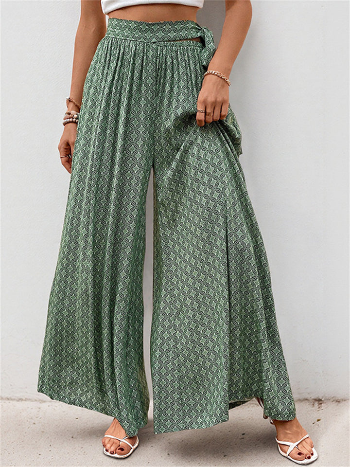 Summer Women's Holiday Style Print Tie-waist Wide Leg Pants