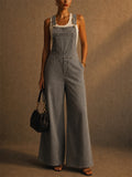 Women Denim Overalls Wide Leg Backless Bib Jumpsuit with Pocket