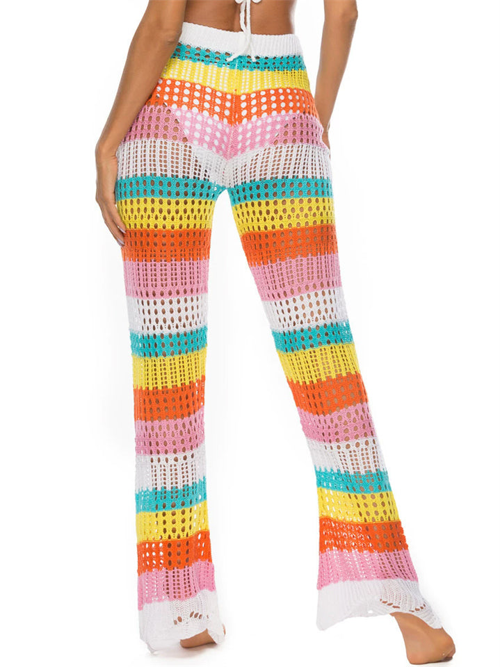 Women's Summer Rainbow Contrast Color Hollow Knitted Beach Pants