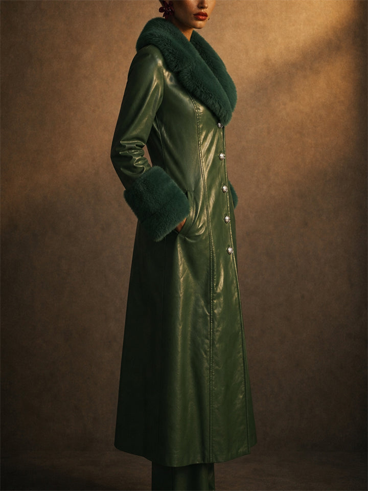 Women Vintage Faux Leather Maxi Trench Coat with Faux Fur Trim