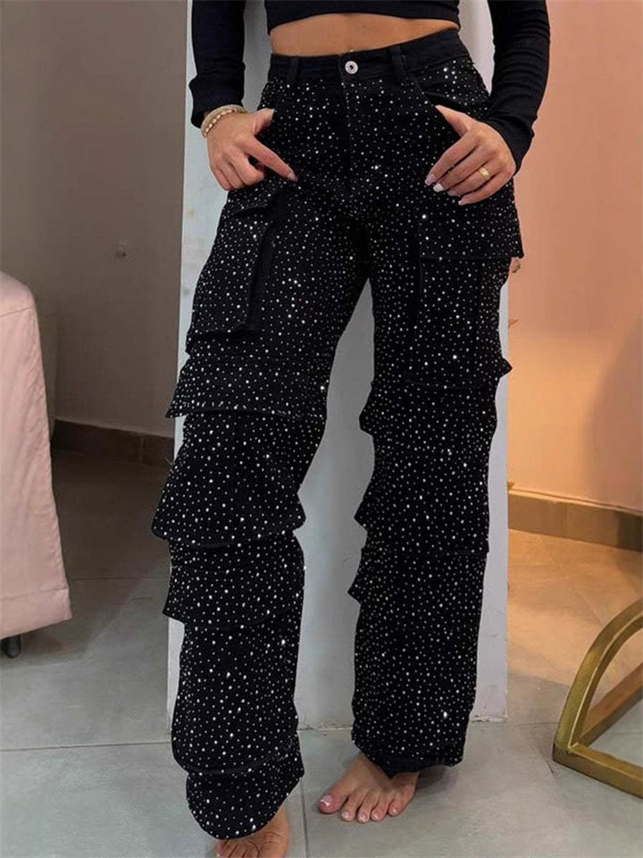 Women's Bling Bling Rhinestone Studded Cargo Denim Jeans
