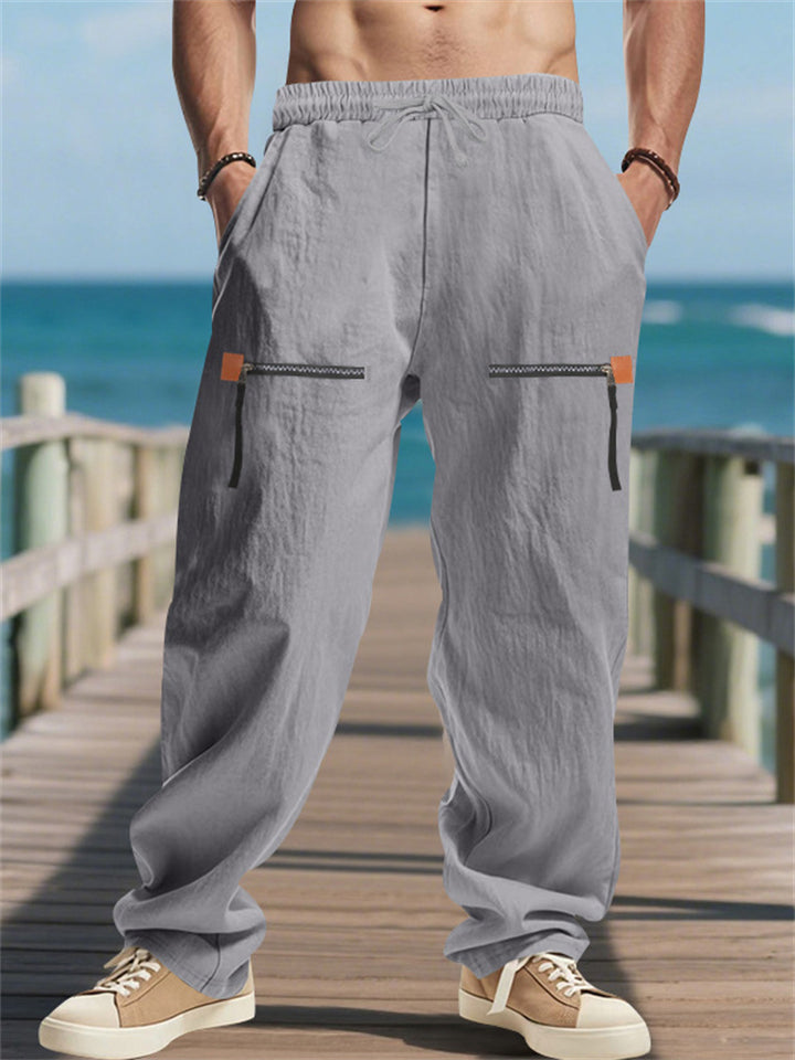 Men's Casual Drawstring Mid-Waist Wide Leg Beach Trousers with Zip Decor