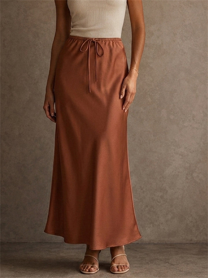 Women High Waist Satin Drawstring Flowy Silky Midi Skirt