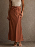 Women High Waist Satin Drawstring Flowy Silky Midi Skirt
