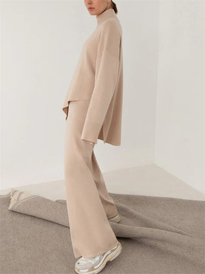 Women's Trendy Semi High Neck Solid Color Asymmetric Hem Sweater Outfit