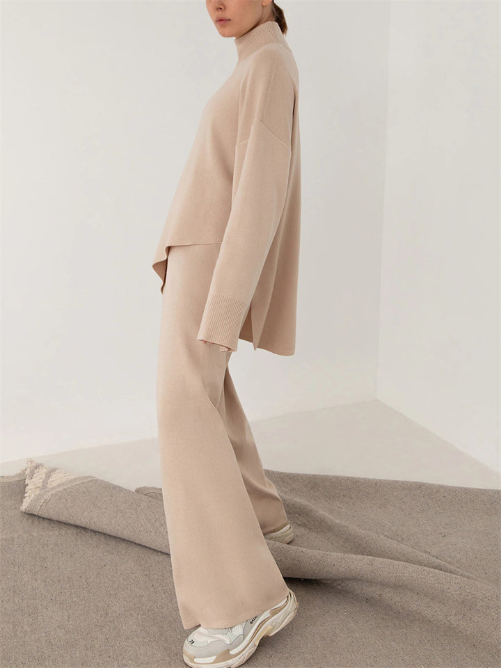 Women's Trendy Semi High Neck Solid Color Asymmetric Hem Sweater Outfit