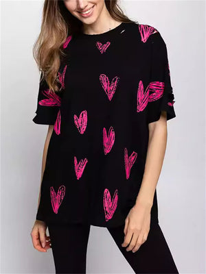 Sweet Heart Print Ripped Fashion T-shirts for Women