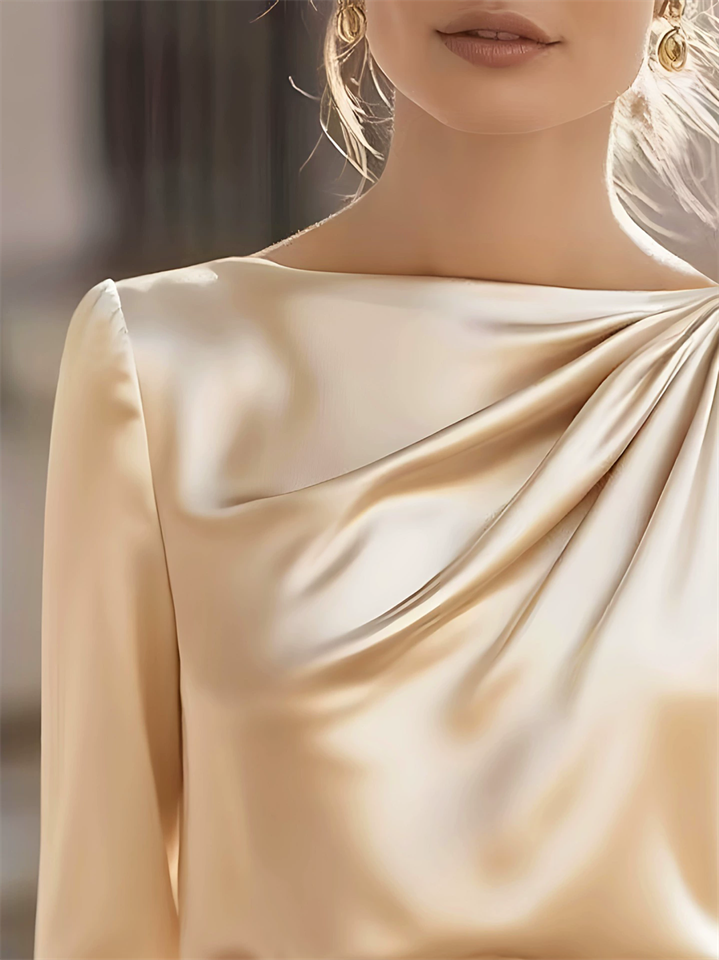 ‌Women's Elegant Champagne Sabrina Neck Satin Ruched Long Sleeve Blouse‌s