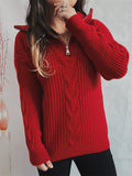 Women's Solid Color Crochet Zip Up Pullover Lapel Sweater