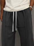 ‌Men's Casual Loose-Fit Drawstring Seam Details Staright Leg Trousers