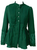 Women's Solid Color Lace Patchwork Pleated Button Up Blouses